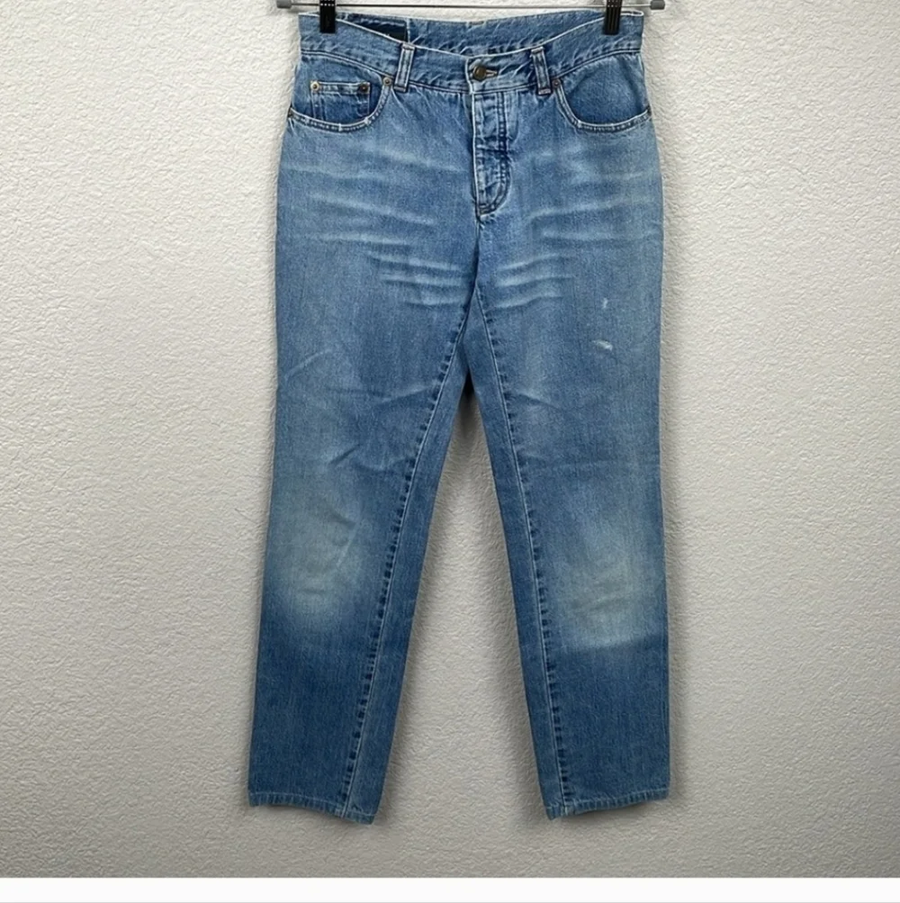 Gucci Mid Rise Tapered Straight Leg Jeans Concealed Button Fly Casual Blue